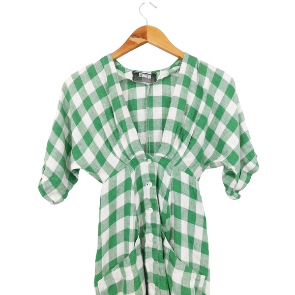 Reformation Green 100% Linen White Geneva Gingham Check Midi Dress Size 0 - Picture 3 of 8